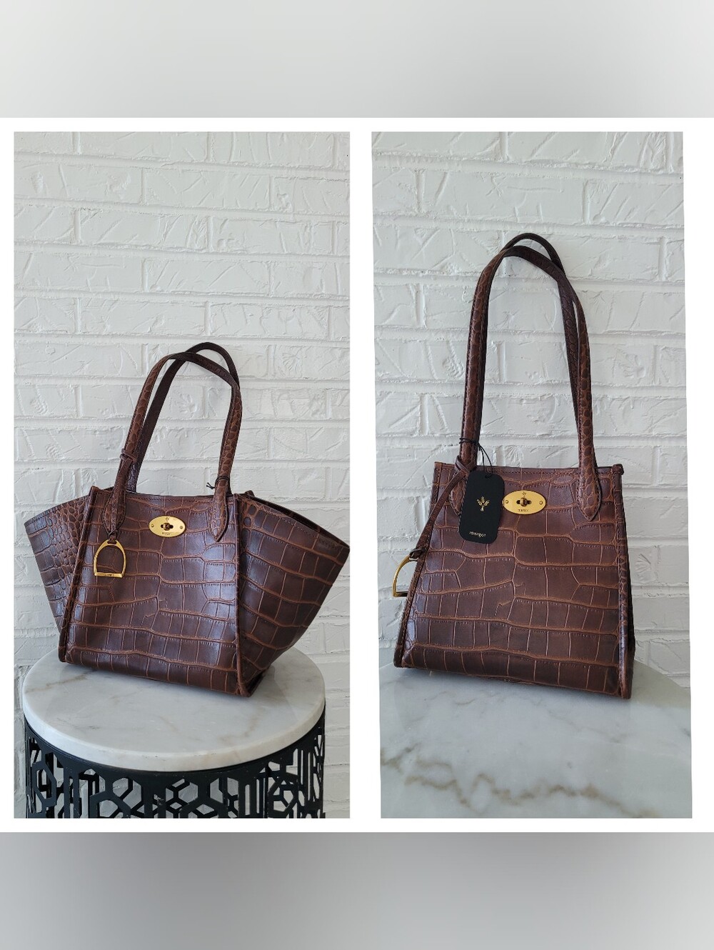 MARGOT Croc-Embossed Leather Tote Two Way Bag with Gold Hardware